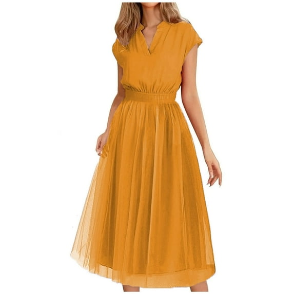 Wycnly Dresses for Women 2025 Evening Party Prom Elegant Mesh Patchwork Empire Waist A Line Maxi Dresses Solid Short Sleeve V-Neck Long Formal Dresses for Women Yellow m