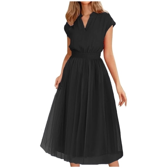Wycnly Dresses for Women 2025 Evening Party Prom Elegant Mesh Patchwork Empire Waist A Line Maxi Dresses Solid Short Sleeve V-Neck Long Formal Dresses for Women Black l