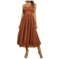 thumbnail image 1 of Wycnly Dresses for Women 2025 Evening Party Prom Tie Waist Sexy Mesh Patchwork Swing Spaghetti Strap Dresses Solid Sleeveless V-Neck Long Formal Dresses for Women Coffee m, 1 of 6