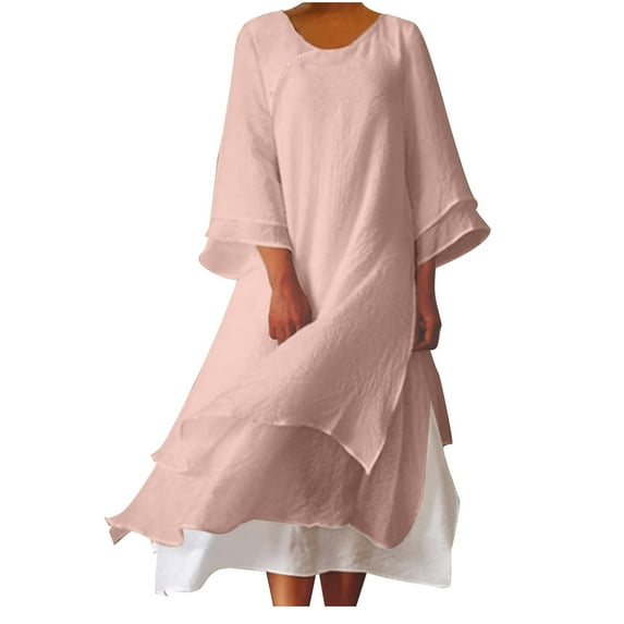Wycnly Dresses for Women 2025 Fall Casual Loose Lightweight Cotton Linen Layer Swing Tunic Long Dresses with Pockets Solid Long Sleeve Round Neck Maxi Formal Dresses for Women Pink XL