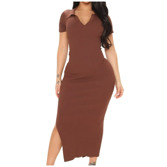 Wycnly Dresses for Women 2025 Fall Comfort Knitted Ribbed Club Party Sexy Bodycon Slit Dresses Solid Short Sleeve V-Neck Long Formal Dresses for Women Brown XL
