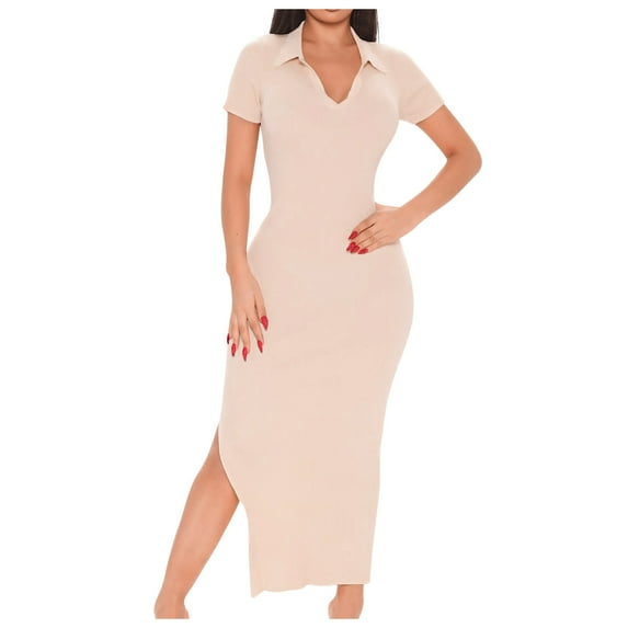 Wycnly Dresses for Women 2025 Fall Comfort Knitted Ribbed Club Party Sexy Bodycon Slit Dresses Solid Short Sleeve V-Neck Long Formal Dresses for Women Khaki m