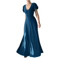 thumbnail image 1 of Wycnly Dresses for Women 2025 Fashion Empire Waist Ruffle Sleeve Swing A Line Party Long Dresses Solid Short Sleeve V-Neck Maxi Formal Dresses for Women Blue m, 1 of 6