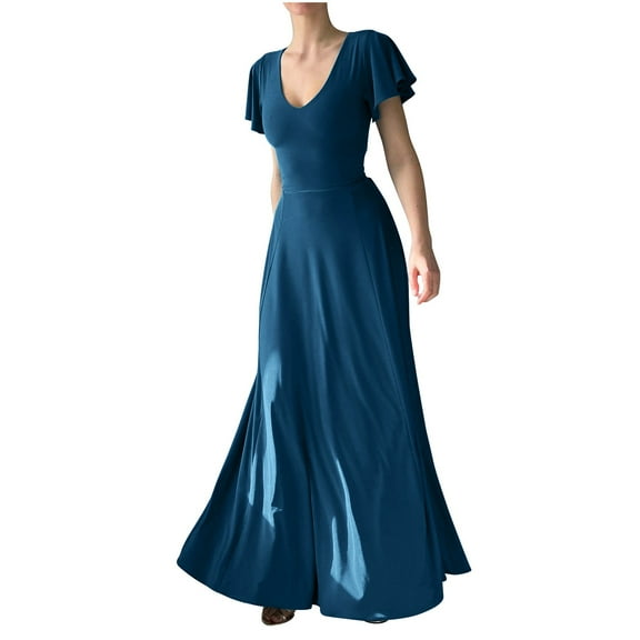 Wycnly Dresses for Women 2025 Fashion Empire Waist Ruffle Sleeve Swing A Line Party Long Dresses Solid Short Sleeve V-Neck Maxi Formal Dresses for Women Blue m
