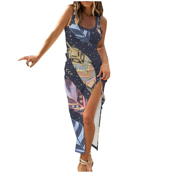 Wycnly Dresses for Women 2025 Fashion Sexy Drawstring Slit Bodycon Knitted Ribbed Party Club Tank Dresses Daisy Print Sleeveless U-Neck Long Formal Dresses for Women Blue s