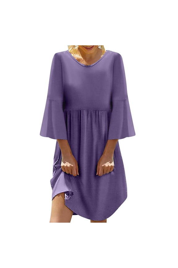 Dresses for Women 2025 Flared Sleeve Flowy Smocked Swing Tunic Cotton Linen Dresses 3/4 Sleeve Round Neck Solid Summer Mini Formal Dress Purple m