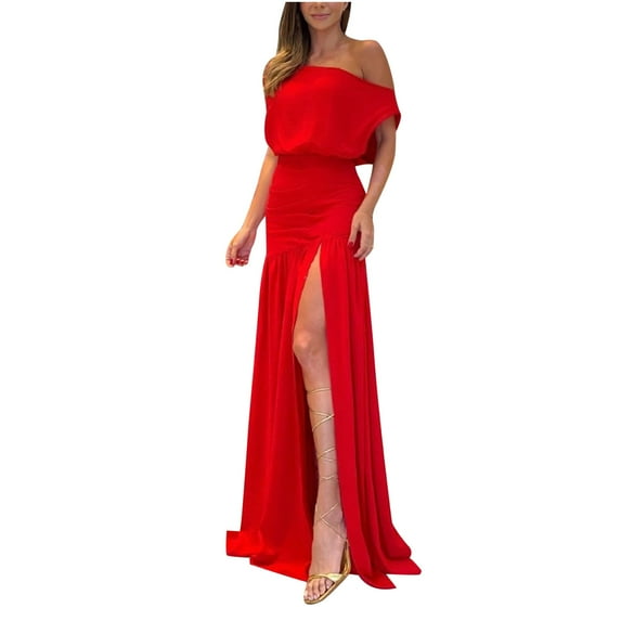 Wycnly Dresses for Women 2025 Party Club Fashion Empire Waist off Shoulder Wrap High Slit Hem Long Dresses Solid Sleeveless Slash Neck Maxi Formal Dresses for Women Red s