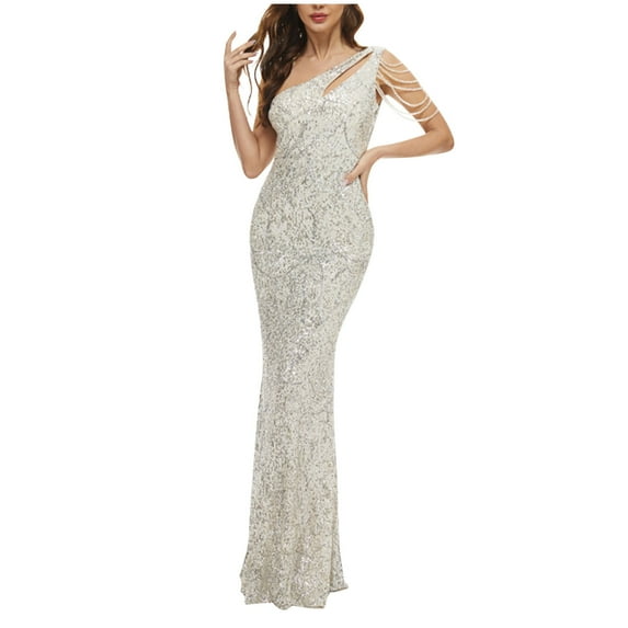 Wycnly Dresses for Women 2025 Party Prom Fashion One Shoulder Bodycon Sparkly Sequin Mermaid Long Dresses Solid Sleeveless Slash Neck Maxi Formal Dresses for Women Silver m