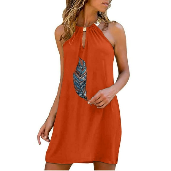 Wycnly Dresses for Women 2025 Sexy Hollowed Off Shoulder Matel Halter Tank Mini Dresses Sleeveless Halter Feather Print Summer Short Sun Dress Orange L Clothes