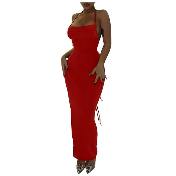 Wycnly Dresses for Women 2025 Sexy Spaghetti Strap Basic Bodycon Night Party Club Dresses Sleeveless One Line Neck Solid Summer Maxi Casual Dress Red S Clothes