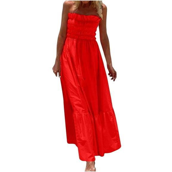 Wycnly Dresses for Women 2025 Summer Beach Boho Elastic Waist Flowy Ruffle Swing Strapless Long Sundress Solid Sleeveless Tube Top Maxi Formal Dresses for Women Red s