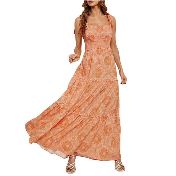 Wycnly Dresses for Women 2025 Summer Beach Loose Flowy Ruffle Swing Strap Bohemian Long Sundress Floral Print Sleeveless Square Neck Maxi Formal Dresses for Women Orange m