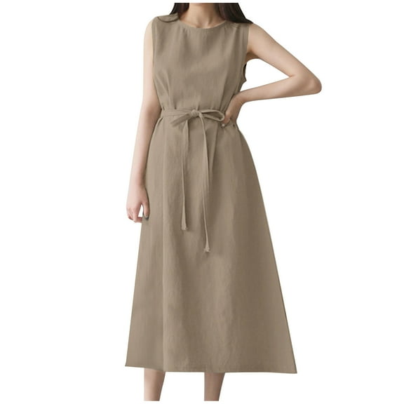 Wycnly Womens Dresses Sleeveless Round Neck Solid Casaul Long Summer Dress with Tie Loose Swing Soft Cottin Linen Tank Dresses Beige S Clothes