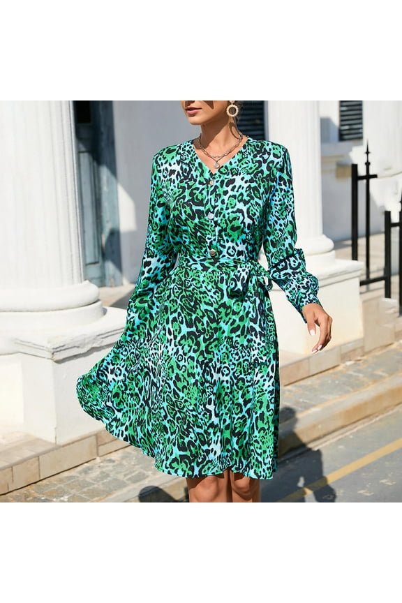 Dresses for Women 2025 Tie Waist Ruffle Swing A-line Vintage Midi Dresses Long Sleeve V-Neck Leopard Print Summer Knee-Length Sun Dress Green XXL Clothes