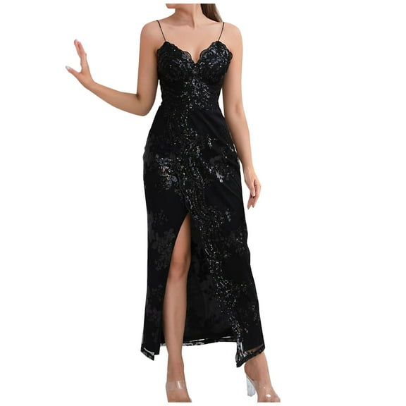 Wycnly Dresses for Women 2025 Wedding Guest Elegant Embroidery Sexy Slit Wrap Hip Hem Cami Long Dresses Floral Print Sleeveless V-Neck Maxi Formal Dresses for Women Black s