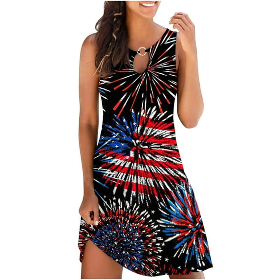 Wycnly Dresses for Women 4th of July Fashion Keyhole Patriotic Tunic Tank Short Dresses Crewneck Sleeveless Independece Day Graphics Summer Mini Formal Dress Black XXXL