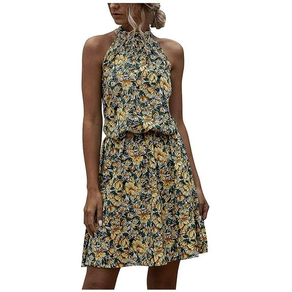 Wycnly Dresses for Women Beach Boho Elastic Waist off Shoulder Ruffle Swing Mini Dresses Halter Sleeveless Floral Print Summer Short Formal Dress Yellow XXL