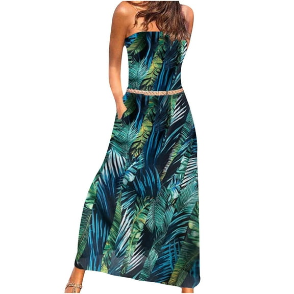 Wycnly Dresses for Women Beach Boho Elastic Waist Strapless Maxi Sundress with Pocket Sleeveless Tube Top Striped Print Summer Long Formal Dress Blue m