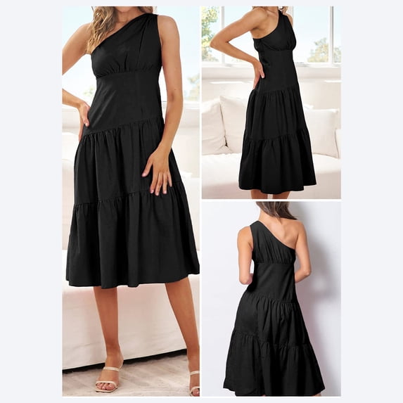 Wycnly Dresses for Women Beach Fashion Loose Flowy Ruffle Swing One Shoulder Tank Dresses Sleeveless Slash Neck Solid Summer Long Formal Dress Black XL