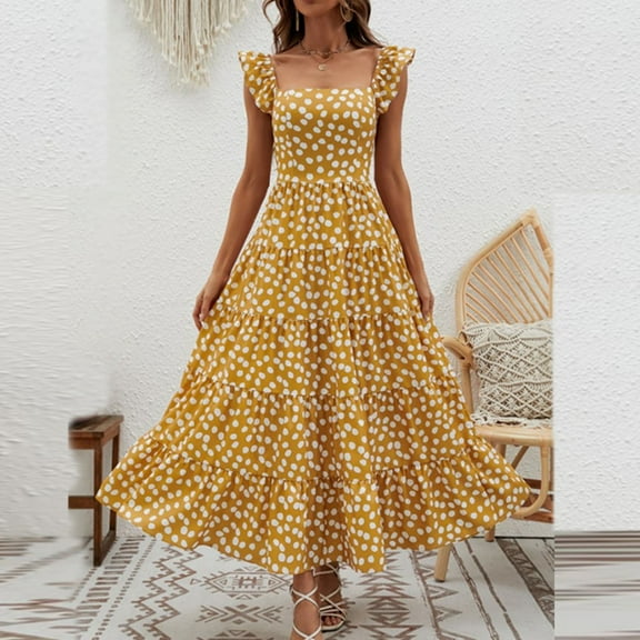 Wycnly Dresses for Women Beach Party Ruffle Sleeve Empire Waist Flowy Swing Long Sundress Sleeveless Square Neck Polka Dot Print Summer Maxi Formal Dress Yellow s