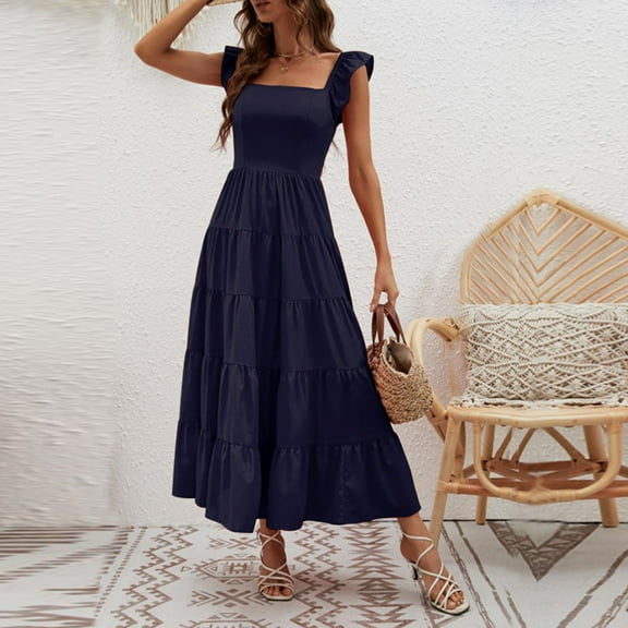 Wycnly Dresses for Women Beach Party Ruffle Sleeve Empire Waist Flowy Swing Long Sundress Sleeveless Square Neck Polka Dot Print Summer Maxi Formal Dress Blue m