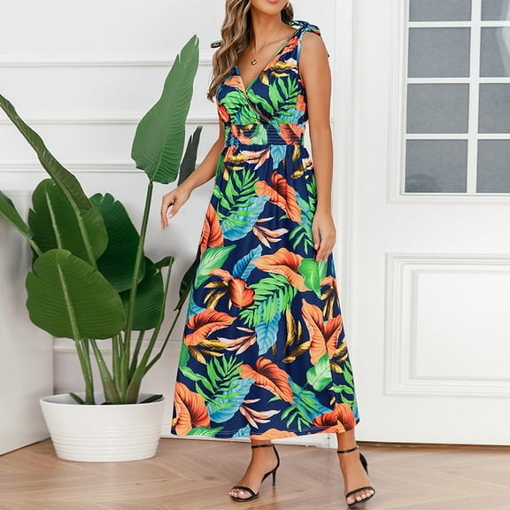 Wycnly Dresses for Women Beach Vacation Elastic Waist Pleated Swing Tank Maxi Sunderss Sleeveless V-Neck Leaves Print Summer Long Formal Dress Blue XXL