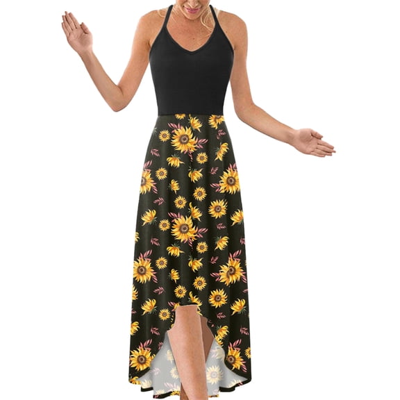Wycnly Dresses for Women Beach Vacation Irregular Pleated Swing Spaghetti Strap Maxi Sundress Sleeveless V-Neck Sunflower Print Summer Long Formal Dress Yellow l
