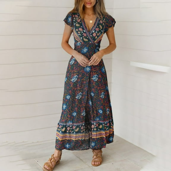 Wycnly Dresses for Women Beach Vintage Bohemian High Split Flowy Swing Long Sundress for Vacation Short Sleeve V-Neck Floral Print Summer Maxi Formal Dress Black s