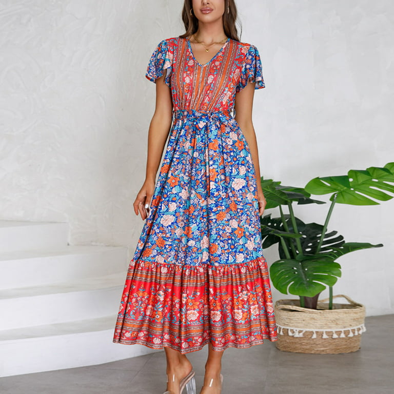Wycnly Dresses for Women Beach Vintage Bohemian Loose Ruffle Swing A Line  Long Dress with Belt Short Sleeve V-Neck Floral Print Summer Maxi Formal  Dress Blue XL 
