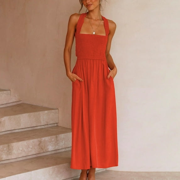 Wycnly Dresses for Women Casual Elastic Waist Pleated Swing Strap Halter Tank Dresses with Pocket Sleeveless Square Neck Solid Summer Long Formal Dress Orange m