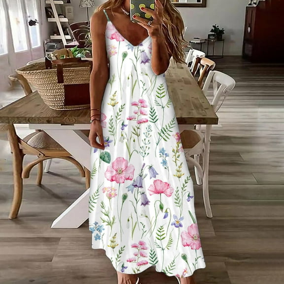 Wycnly Dresses for Women Casual High Waist Swing Tunic Cami Maxi Sundress for Beach Vacation Sleeveless V-Neck Tie-Dye Summer Long Formal Dress White s