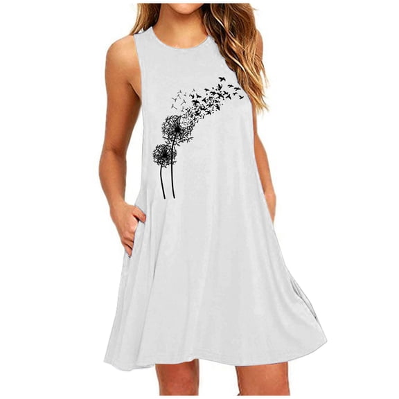 Wycnly Dresses for Women Casual Plus Size Swing Tank Tshirt Mini Dresses with Pocket Round Neck Sleeveless Dandelion Print Summer Short Formal Dress White XXL