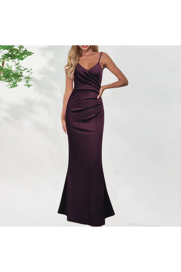 Dresses for Women Cocktail Party Prom Elegant Slim Spaghetti Strap Long Fishtail Dresses Sleeveless V-Neck Solid Summer Maxi Formal Dress Purple m
