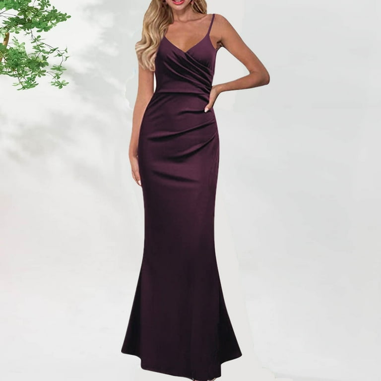 Wycnly Dresses for Women Cocktail Party Prom Elegant Slim Spaghetti Strap  Long Fishtail Dresses Sleeveless V-Neck Solid Summer Maxi Formal Dress  Purple XXL 