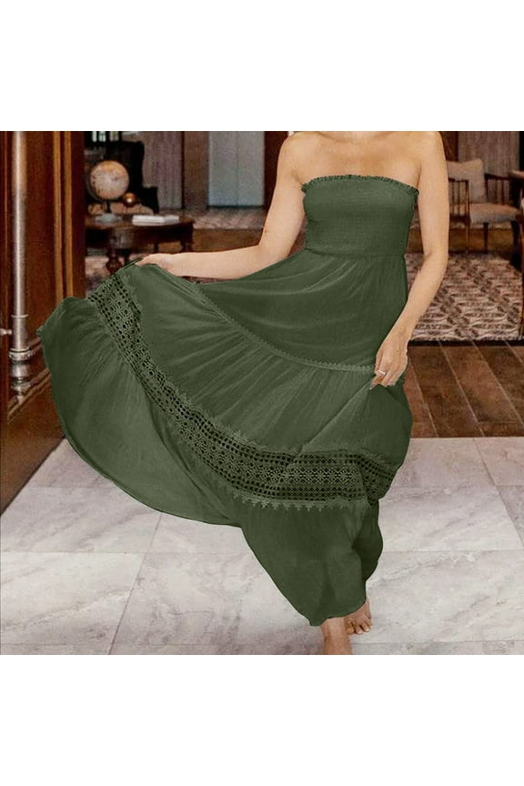 Dresses for Women Evening Party Prom Elegant Lace Patchwork Swing Strapless Long Dresses Sleeveless Tube Top Solid Summer Maxi Formal Dress Army Green s