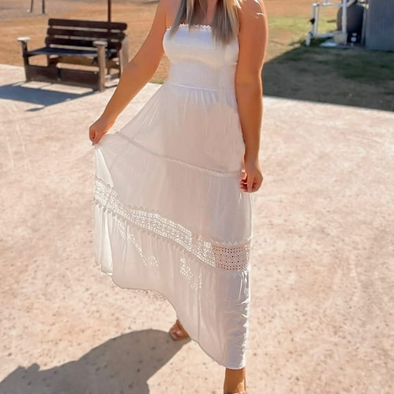 Wycnly Dresses for Women Evening Party Prom Elegant Lace Patchwork Swing Strapless Long Dresses Sleeveless Tube Top Solid Summer Maxi Formal Dress White m