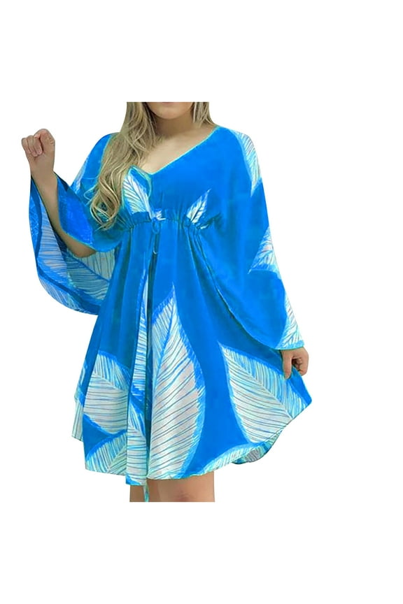 Dresses for Women Fashion Batwing Sleeve High Waist Irregular Swing Mini Dresses V-Neck Long Sleeve Leaves Print Summer Short Formal Dress Blue s