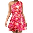 thumbnail image 1 of Wycnly Dresses for Women Fashion Elastic Waist Ruffle Layer Hem One Shoulder Mini Dresses Slash Neck Sleeveless Floral Print Summer Short Formal Dress Hot Pink XL, 1 of 7