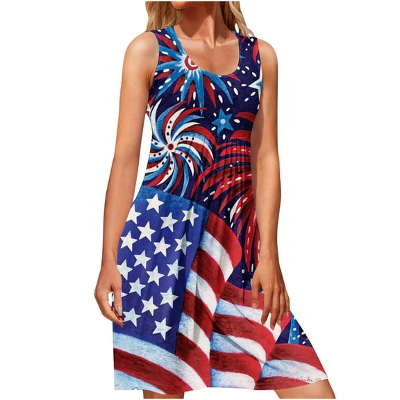 Wycnly Dresses for Women Fashion High Waist Pleated Swing Independence Day Patriotic Tank Dresses Crewneck Sleeveless Star Striped Print Summer Mini Formal Dress Navy s
