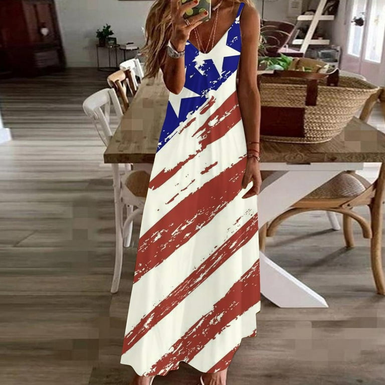 Wycnly Dresses for Women Independece Day Patriotic High Waist Spaghetti  Strap Dresses for 4th of July Sleeveless V-Neck USA Flag Print Summer Maxi