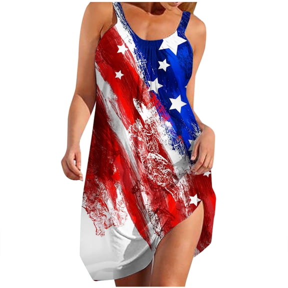 Wycnly Dresses for Women Independence Day Fashion Loose Swing Patriotic Strap Tank Mini Dresses Crewneck Sleeveless Star American Flag Print Summer Short Formal Dress Red l