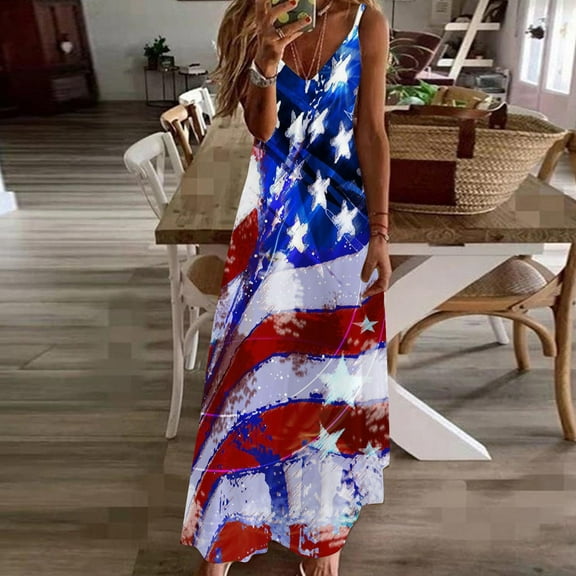 Wycnly Dresses for Women Loose High Waist Spaghetti Strap Independece Day Maxi Dresses Sleeveless V-Neck Star USA Flag Print Summer Long Formal Dress Red XL