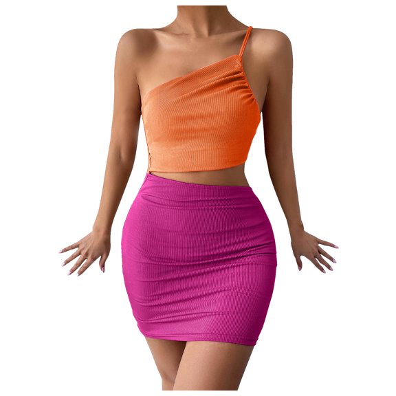 Wycnly Dresses for Women Party Club Sexy Cut-out Bodycon One Shoulder Strap Mini Dresses Slash Neck Sleeveless Color Patchwork Summer Short Formal Dress Orange m