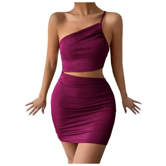 Wycnly Dresses for Women Party Club Sexy Cut-out Bodycon One Shoulder Strap Mini Dresses Slash Neck Sleeveless Color Patchwork Summer Short Formal Dress Wine m