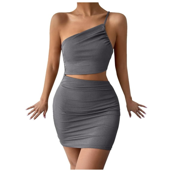 Wycnly Dresses for Women Party Club Sexy Cut-out Bodycon One Shoulder Strap Mini Dresses Slash Neck Sleeveless Color Patchwork Summer Short Formal Dress Gray l