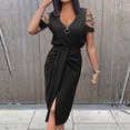 thumbnail image 1 of Wycnly Dresses for Women Party Prom Business Cold Shoulder Strappy Zipper Irregular Hem Wrap Dresses Short Sleeve V-Neck Solid Summer Midi Formal Dress Black l, 1 of 4