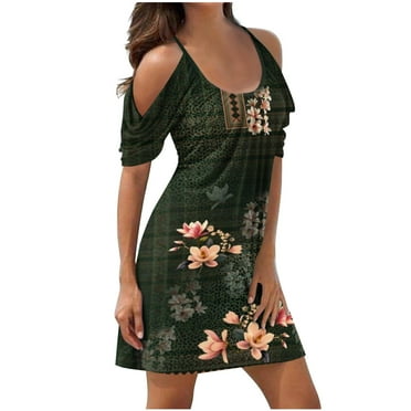 Wycnly Dresses for Women Party Prom Plus Size Vintage Cold Shoulder Strap Swing Tshirt Dresses Crewneck Short Sleeve Floral Print Summer Mini Formal Dress Army Green s