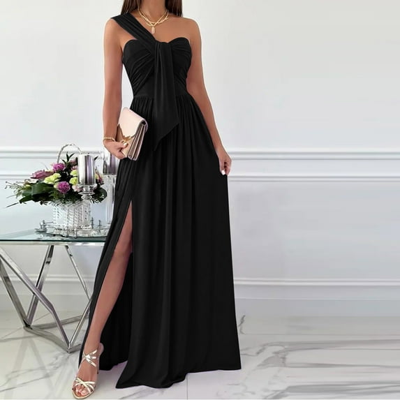 Wycnly Dresses for Women Party Prom Sexy Empire Waist Pleated Swing Slit off Shouder Dresses Sleeveless V-Neck Solid Summer Maxi Formal Dress Black XL