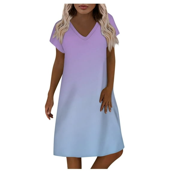 Wycnly Dresses for Women Plus Size Casual Loose Swing Tunic Tshirt Midi Sundress V-Neck Short Sleeve Gradient Print Summer Knee-Length Formal Dress Light Blue XXL