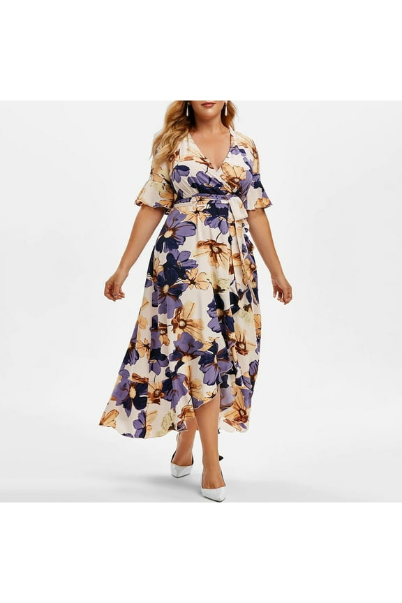 Dresses for Women Plus Size Fashion Empire Waist Irregular Swing A Line Dresses Short Sleeve V-Neck Floral Print Summer Long Formal Dress Beige XXXXL